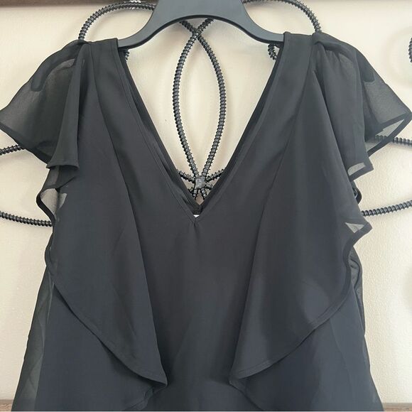 BCBGeneration V Neck Plunge Flutter Sleeve Waterfall Ruffle Mini Black Dress - Picture 6 of 12